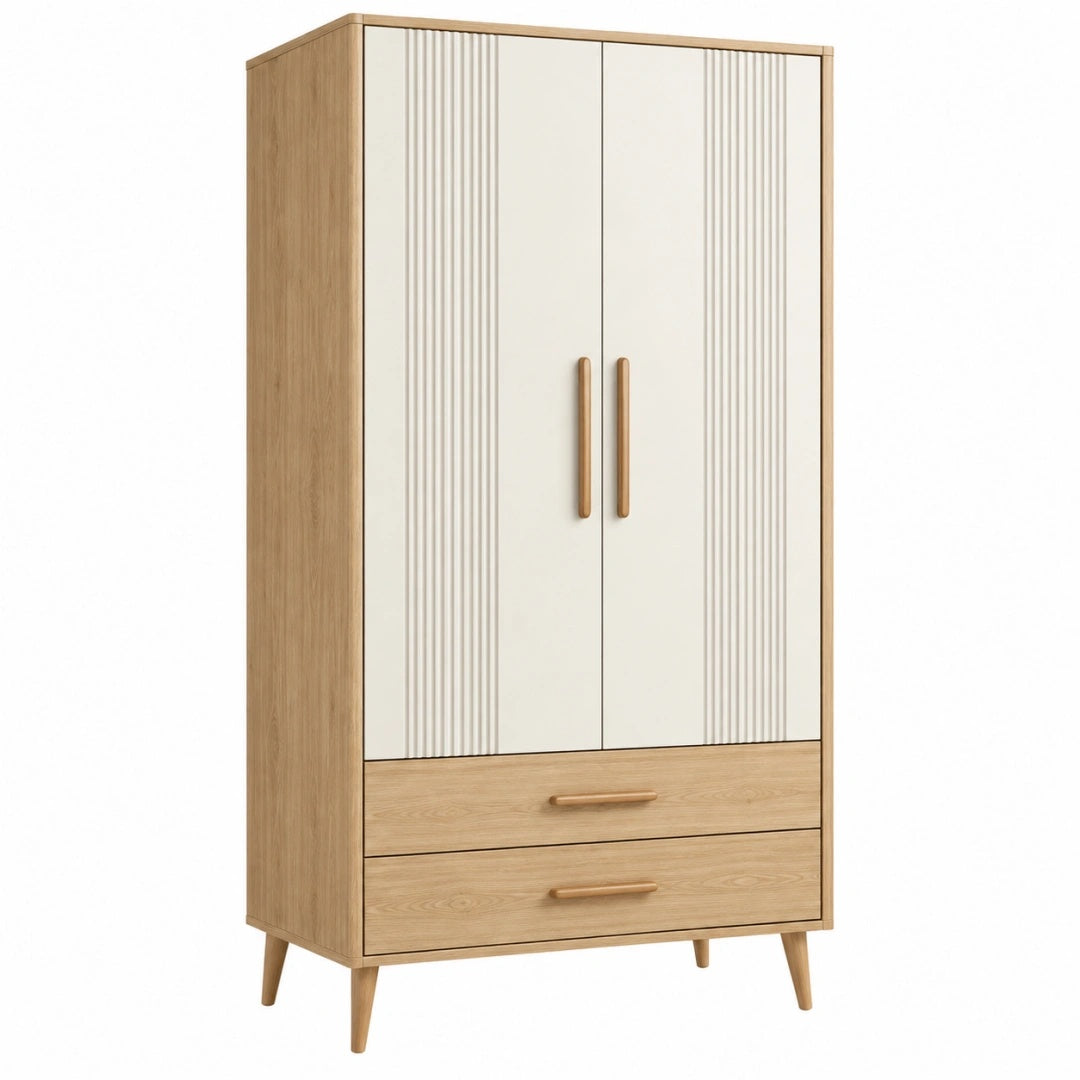 Kleiderschrank 90 x 50 x 190 cm Holzwerkstoff Beige/Naturholz mit 2 Türen 2 Schubladen geriffeltes Design