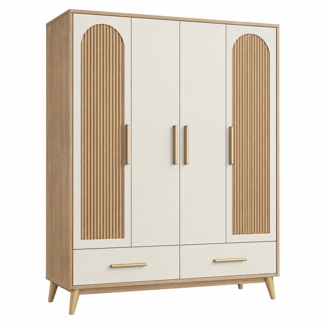Kleiderschrank 160 x 55 x 200 cm Holzwerkstoff Beige Naturholz mit geriffelten Türen