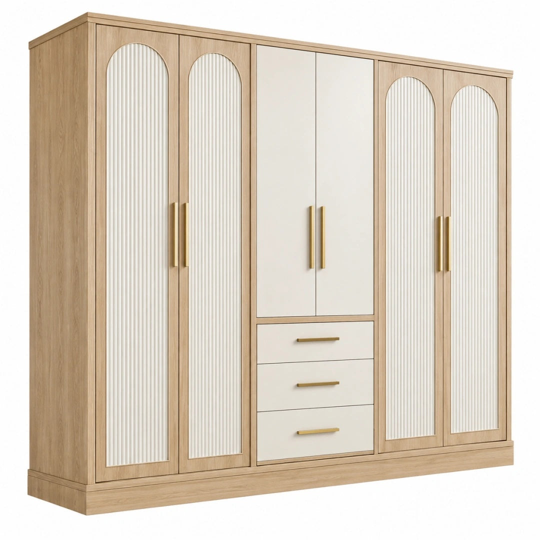 Kleiderschrank 300 x 60 x 220 cm Holzwerkstoff Eiche/Creme mit geriffelten Fronten