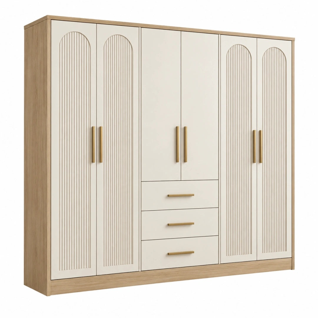 Kleiderschrank 240 cm Holzwerkstoff Beige Naturholz geriffeltes Frontdesign mit 6 Türen und 3 Schubladen