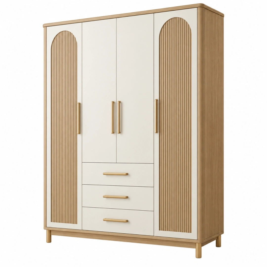 Kleiderschrank 120 x 55 x 200 cm aus Holzwerkstoff Creme Naturholz mit 4 Türen und 3 Schubladen
