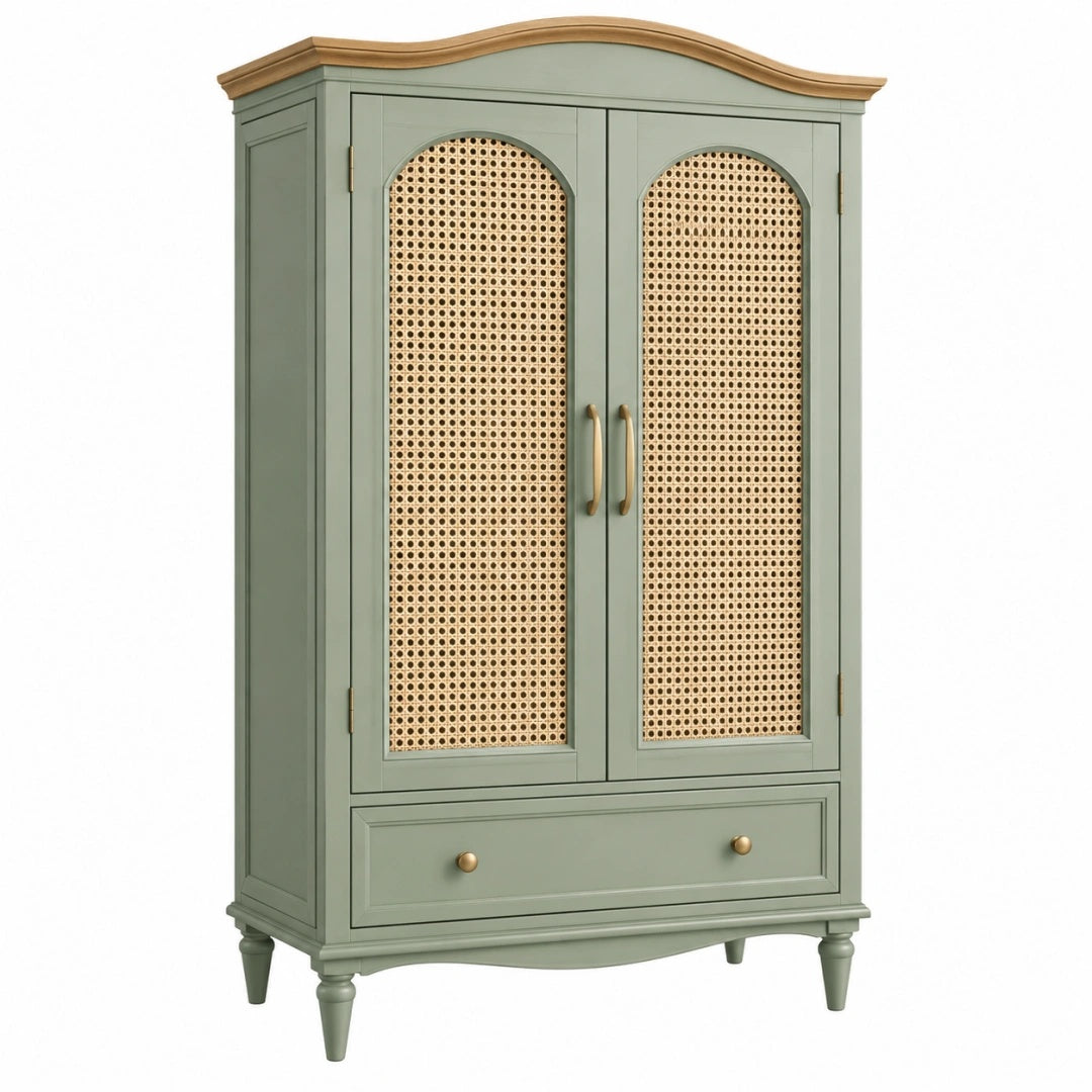Kleiderschrank 100 x 50 x 190 cm aus Holz Salbeigrün mit Rattangeflecht im Landhausstil