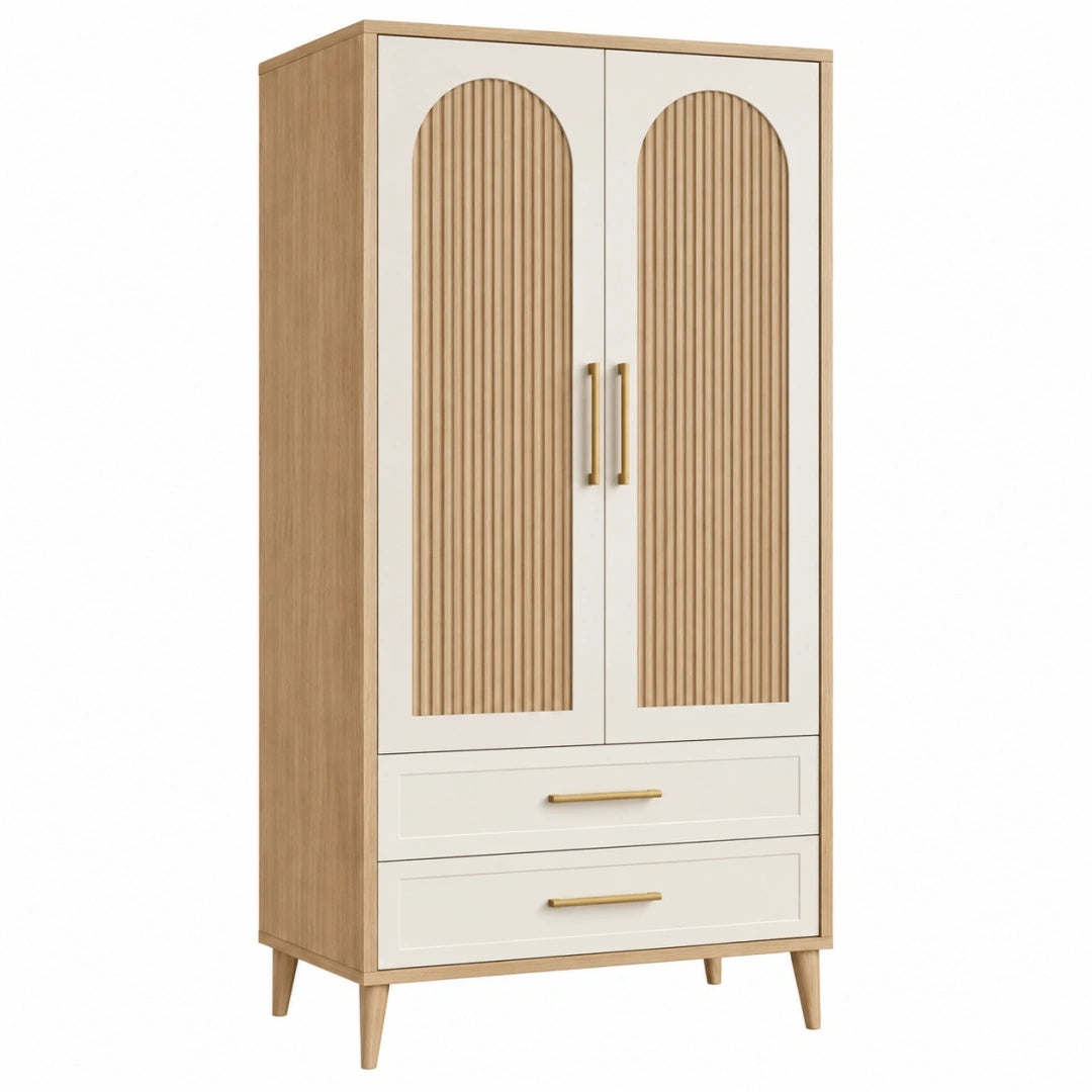 Kleiderschrank 90 x 50 x 180 cm Holzwerkstoff Natur/Cremeweiß mit 2 Türen 2 Schubladen Lamellenfront
