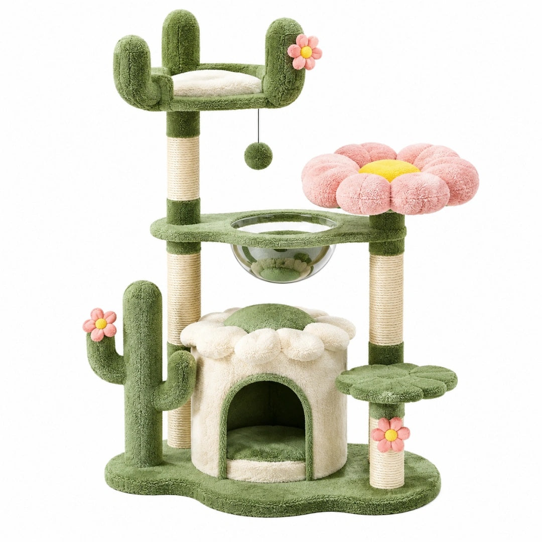 Kratzbaum 70 x 50 x 130 cm aus Plüsch und Sisal Grün mit Katzenhöhle Kaktusdesign