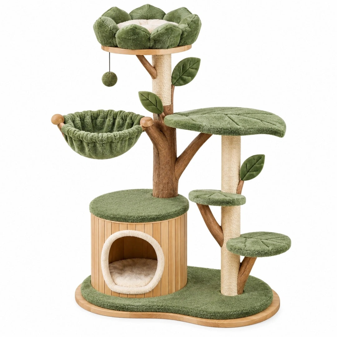 Katzenkletterbaum 60 x 50 x 135 cm aus Holz in Grün mit Sisalstämmen und Höhle