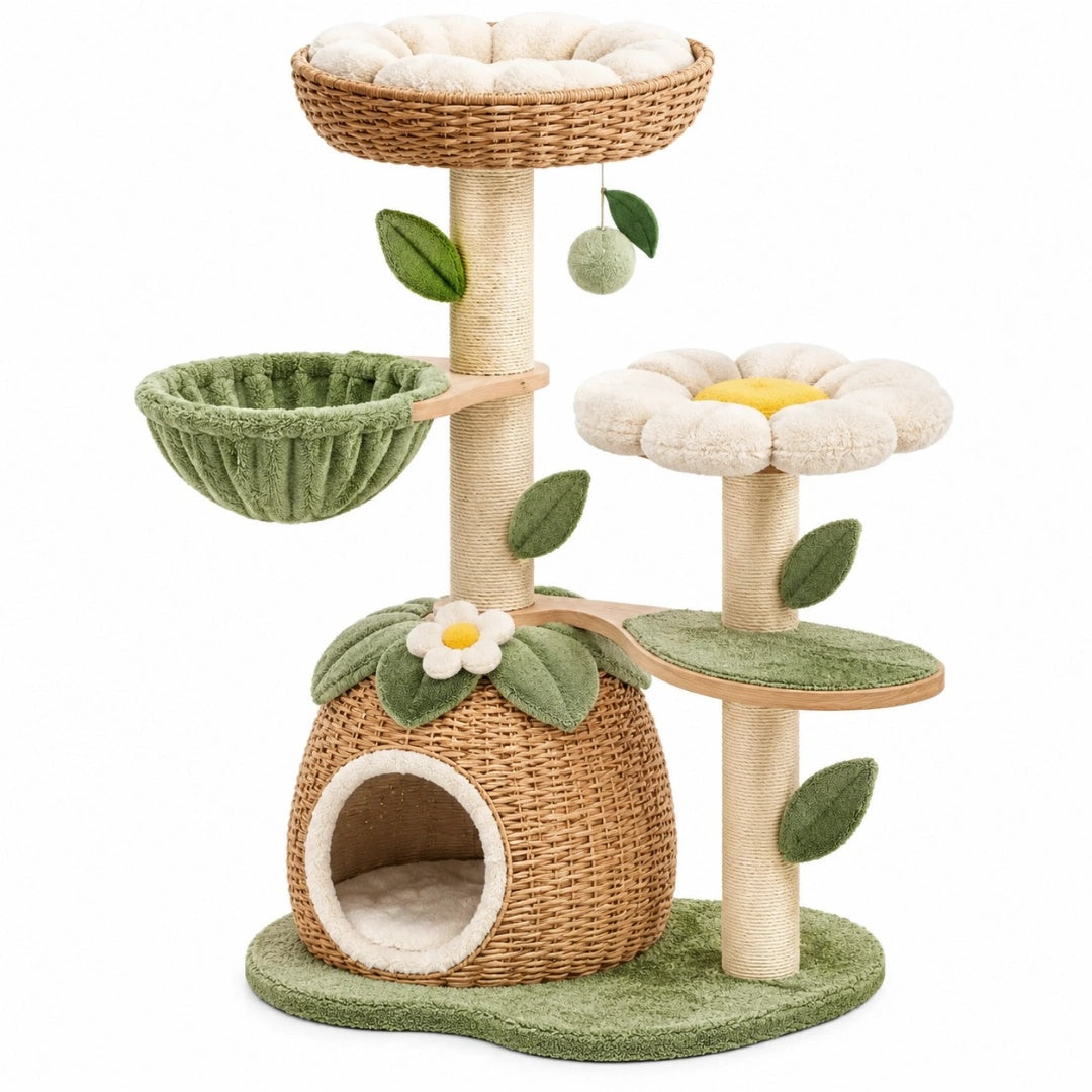 Kratzbaum 80 x 60 x 120 cm aus Sisal und Rattan Beige Grün mit Katzenhöhle Liegeflächen und Spielball