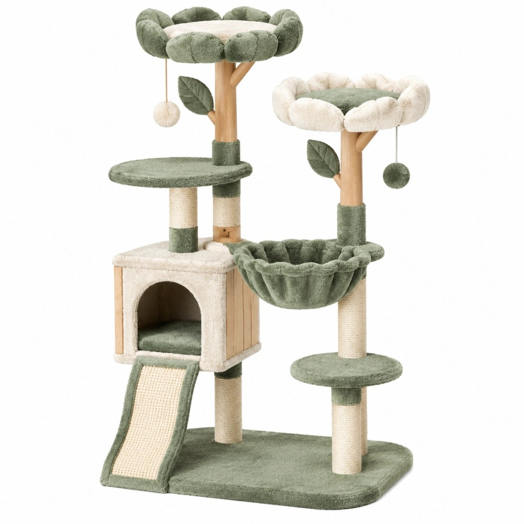 Kratzbaum 60 x 60 x 150 cm aus Holz Sisal und Plüsch in Grün Creme mit Höhlen Hängematte und Liegeflächen