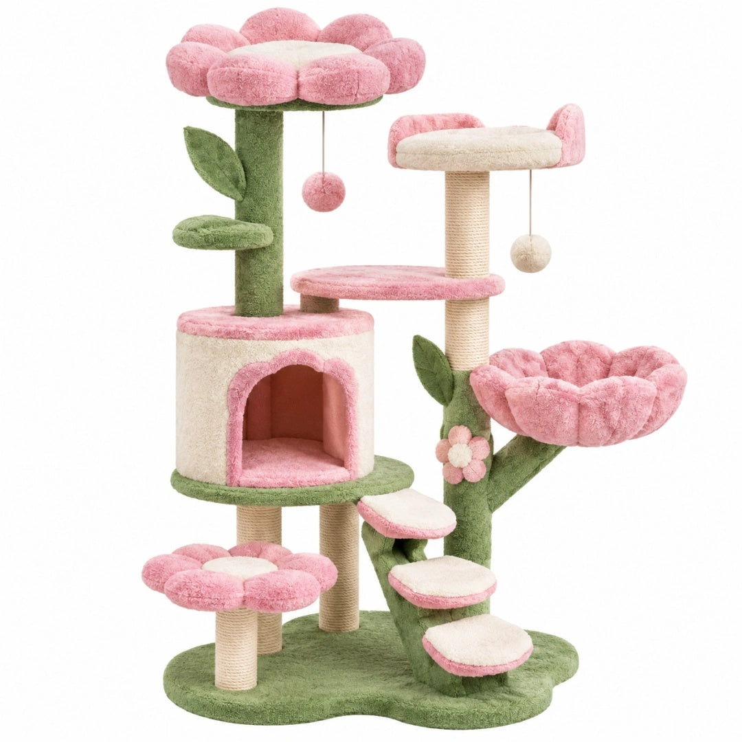 Kratzbaum 90 x 60 x 130 cm Plüsch Sisal Rosa Grün mit Höhle Liegeflächen und Spielbällen