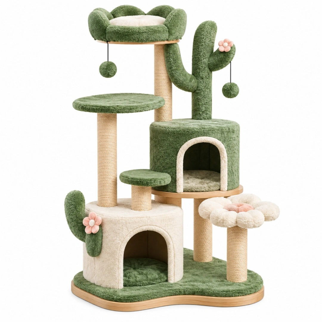 Kratzbaum 90 x 60 x 150 cm mit Sisal und Plüsch Grün Creme Kaktusdesign