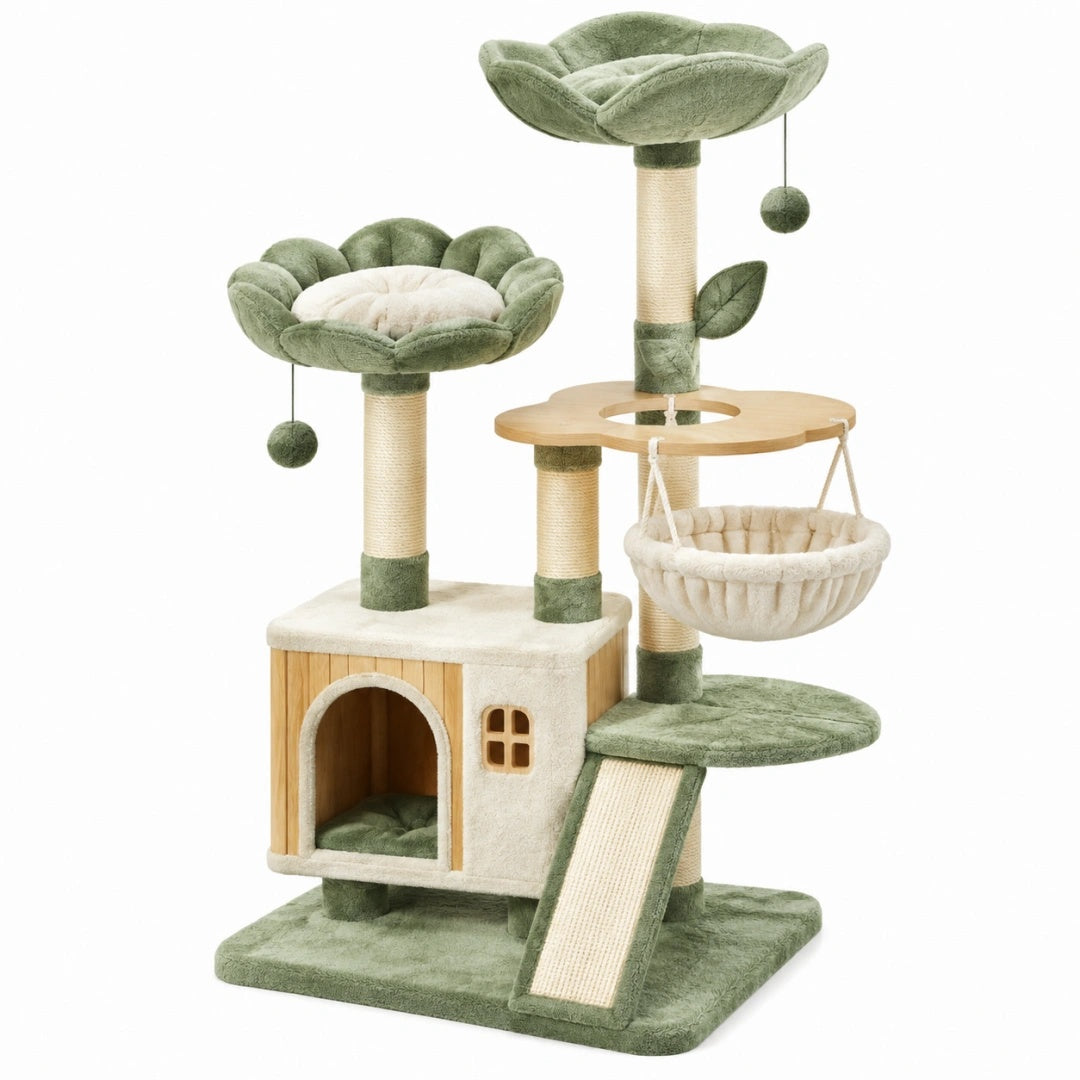 Kratzbaum 60 x 50 x 120 cm aus Holz Sisal und Plüsch in Grün Beige mit Katzenhaus und Liegeflächen