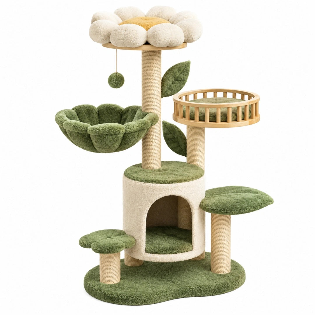 Kratzbaum 60 x 50 x 145 cm aus Plüsch und Sisal Grün Beige mit Blütendesign