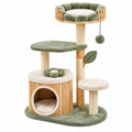 Kratzbaum 70 x 50 x 130 cm aus Holz Sisal und Plüsch in Grün Beige mit Höhle Liegeflächen und Spielball