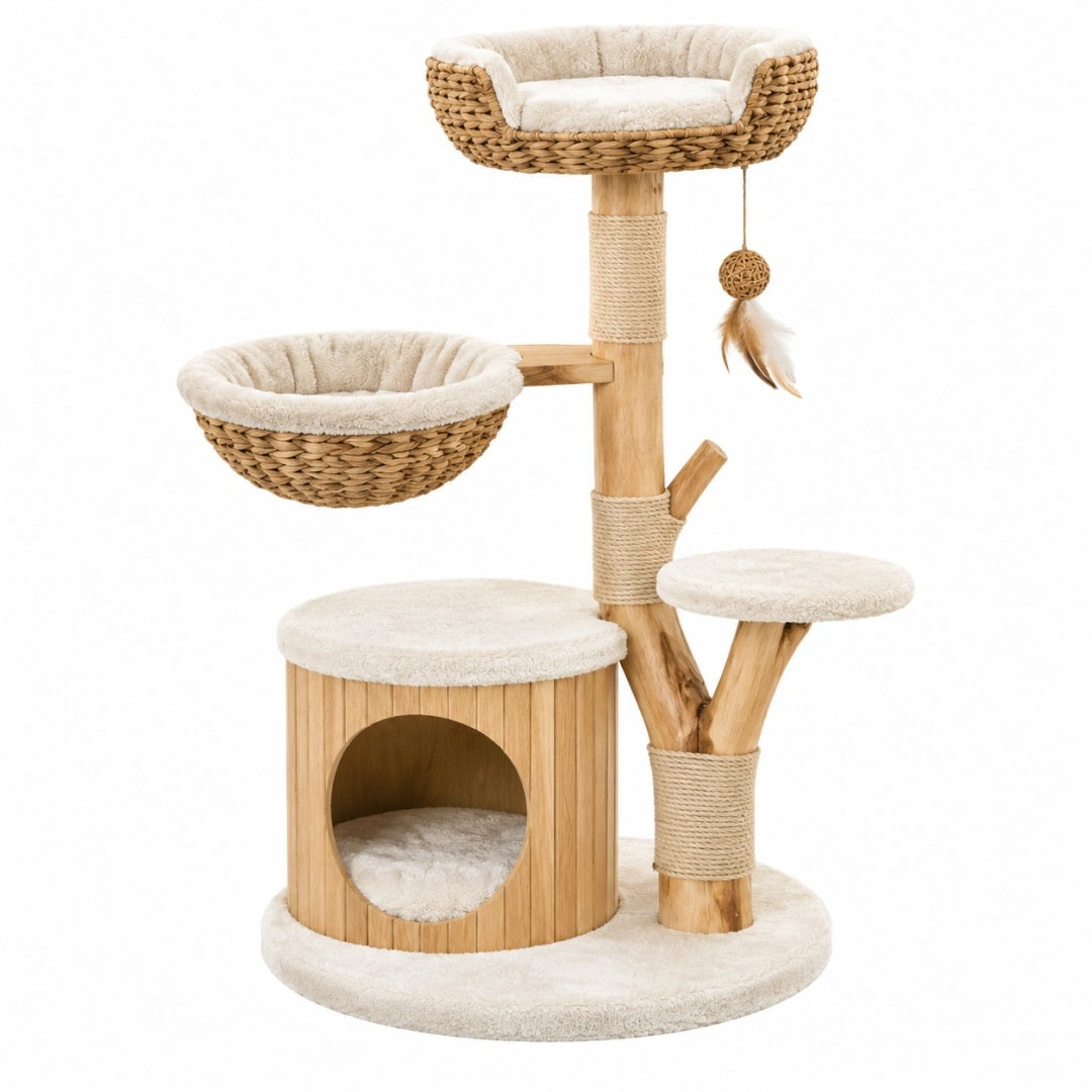 Katzenkratzbaum 60 x 50 x 130 cm Holz Naturbeige mit Sisal und Liegeflächen