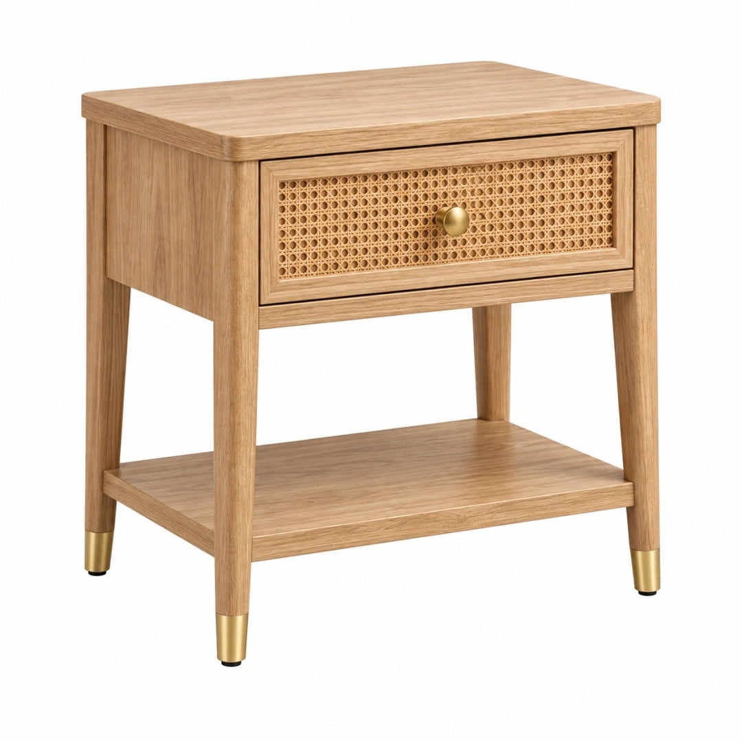 Nachttisch 45 x 40 x 60 cm Holz Natur mit Rattangeflecht Boho mit Schublade und Ablage