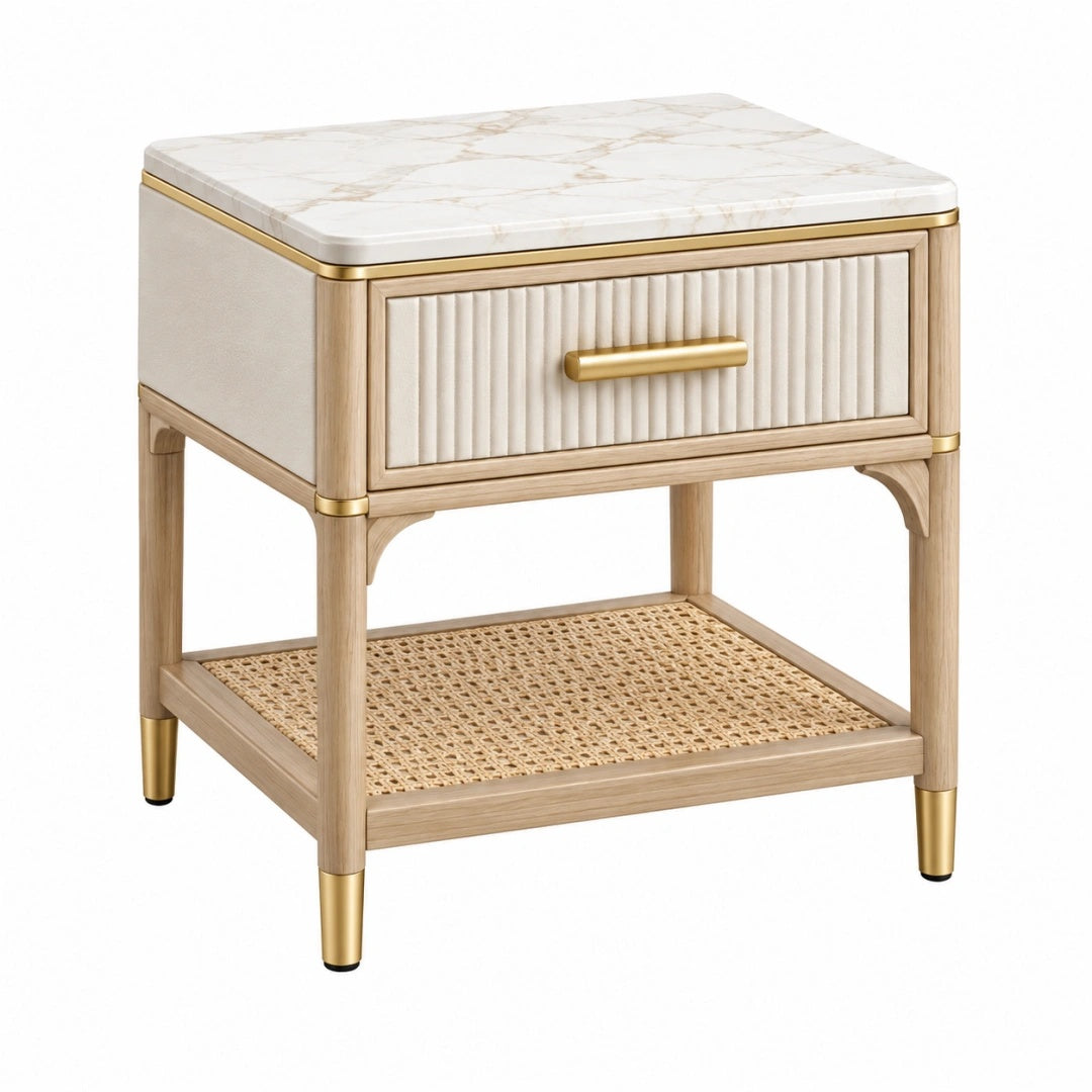 Nachttisch 55 x 45 x 60 cm in Beige mit Marmoroptik Holz und Schublade