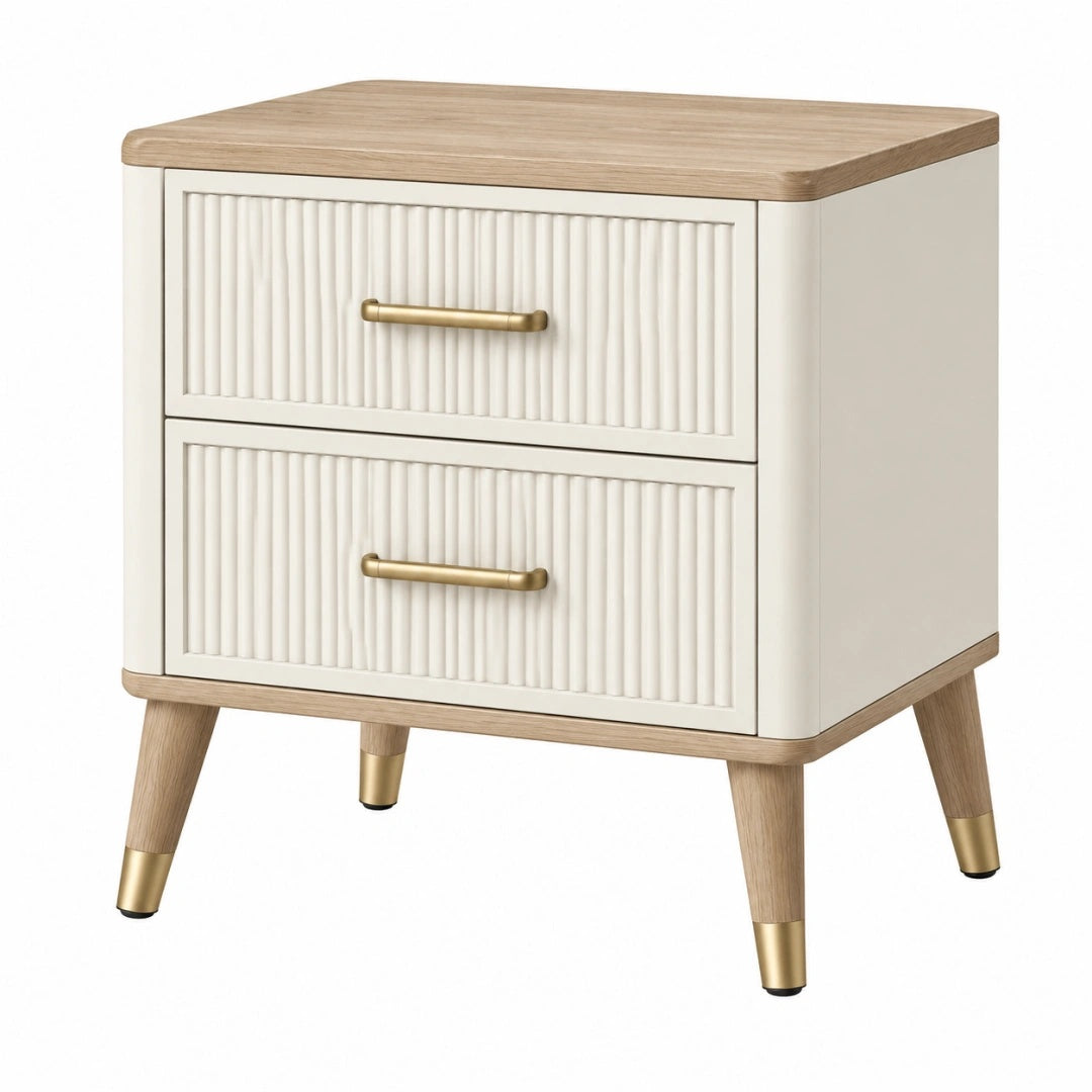 Nachtkommode 50 x 40 x 55 cm Holzwerkstoff Weiß Naturholz - 2 Schubladen im Retro-Stil