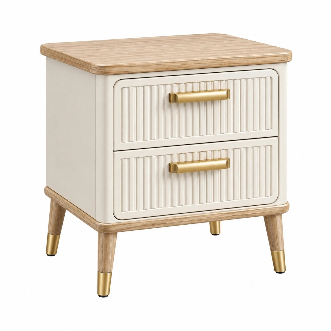 Nachttisch 45 x 40 x 55 cm aus Holzwerkstoff in Creme Naturholz und Gold mit 2 Schubladen