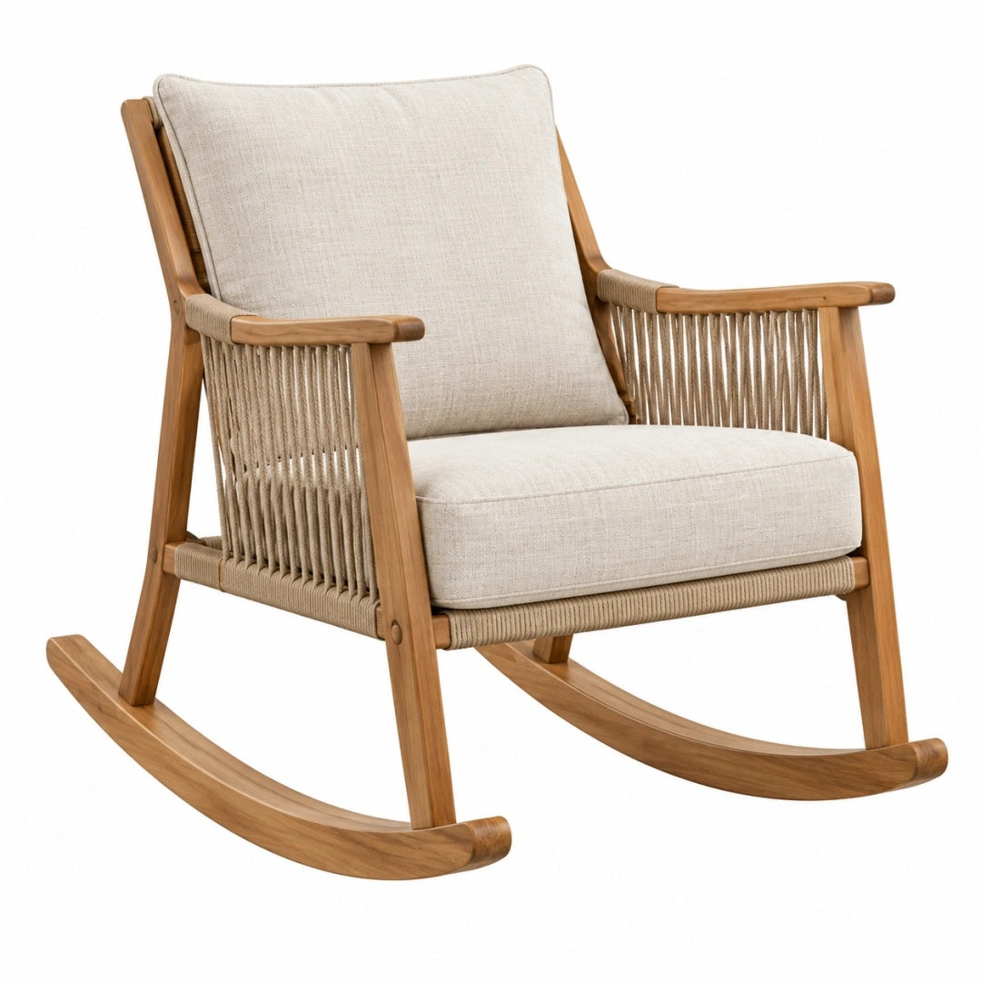 Schaukelstuhl 100 x 68 x 92 cm Holz Naturbeige mit Seilbespannung für Außenbereich