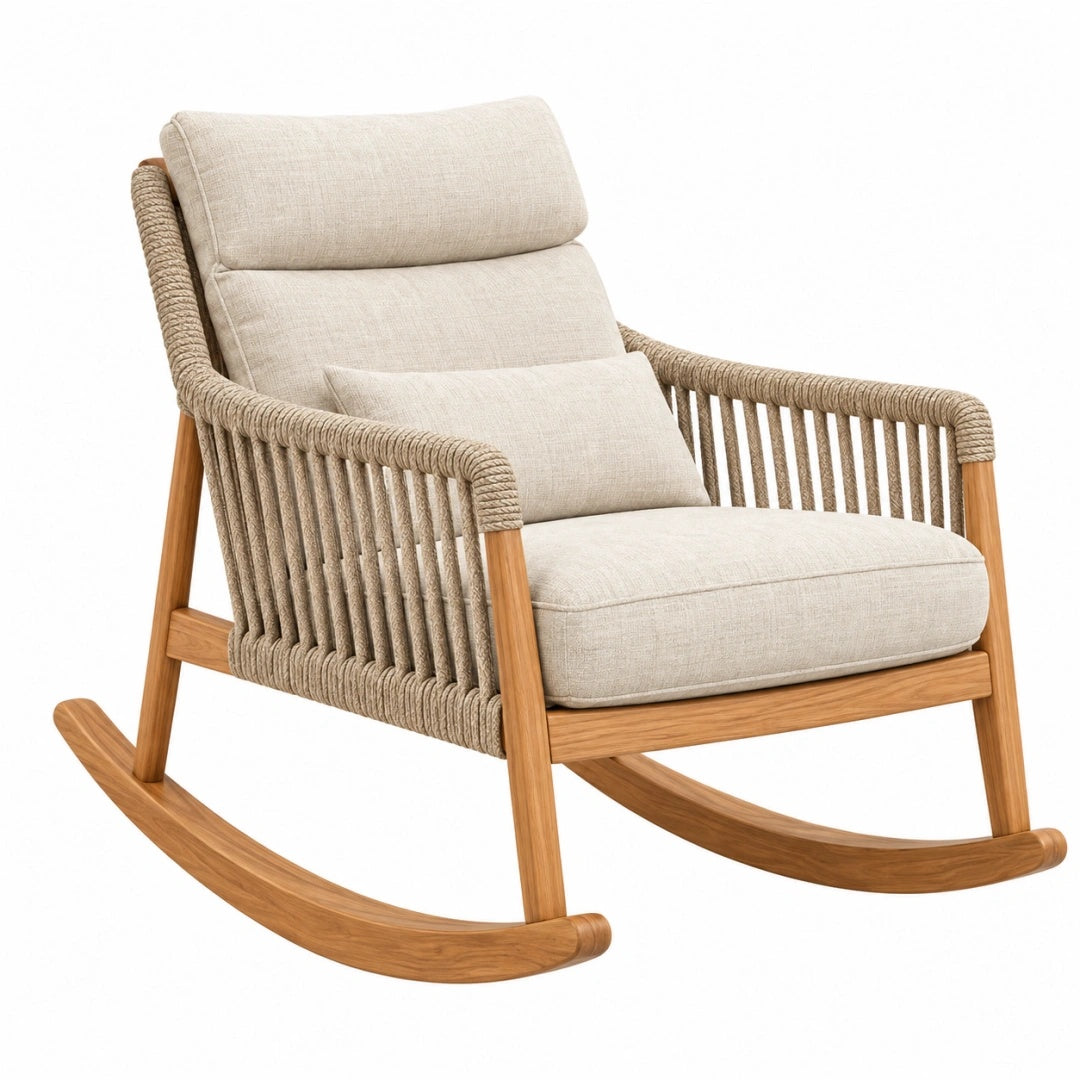 Schaukelstuhl 82 x 75 x 98 cm aus Holz und Kordelgeflecht in Naturbeige mit Polsterung