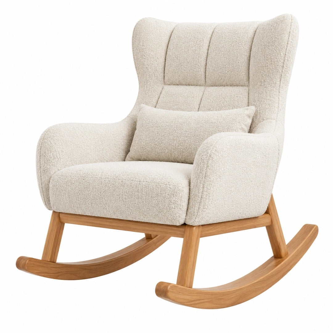 Schaukelstuhl 75 x 95 x 105 cm Bouclé Stoff Creme Holzgestell mit hoher Rückenlehne