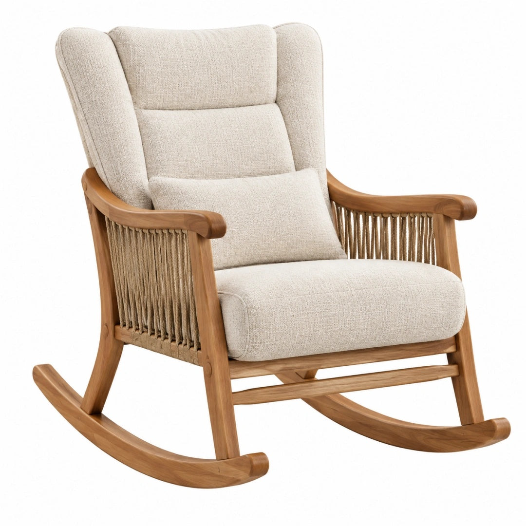 Schaukelstuhl 100 x 75 x 100 cm Holz Textil Beige Naturbraun für Wohnzimmer mit Schaukelkufen
