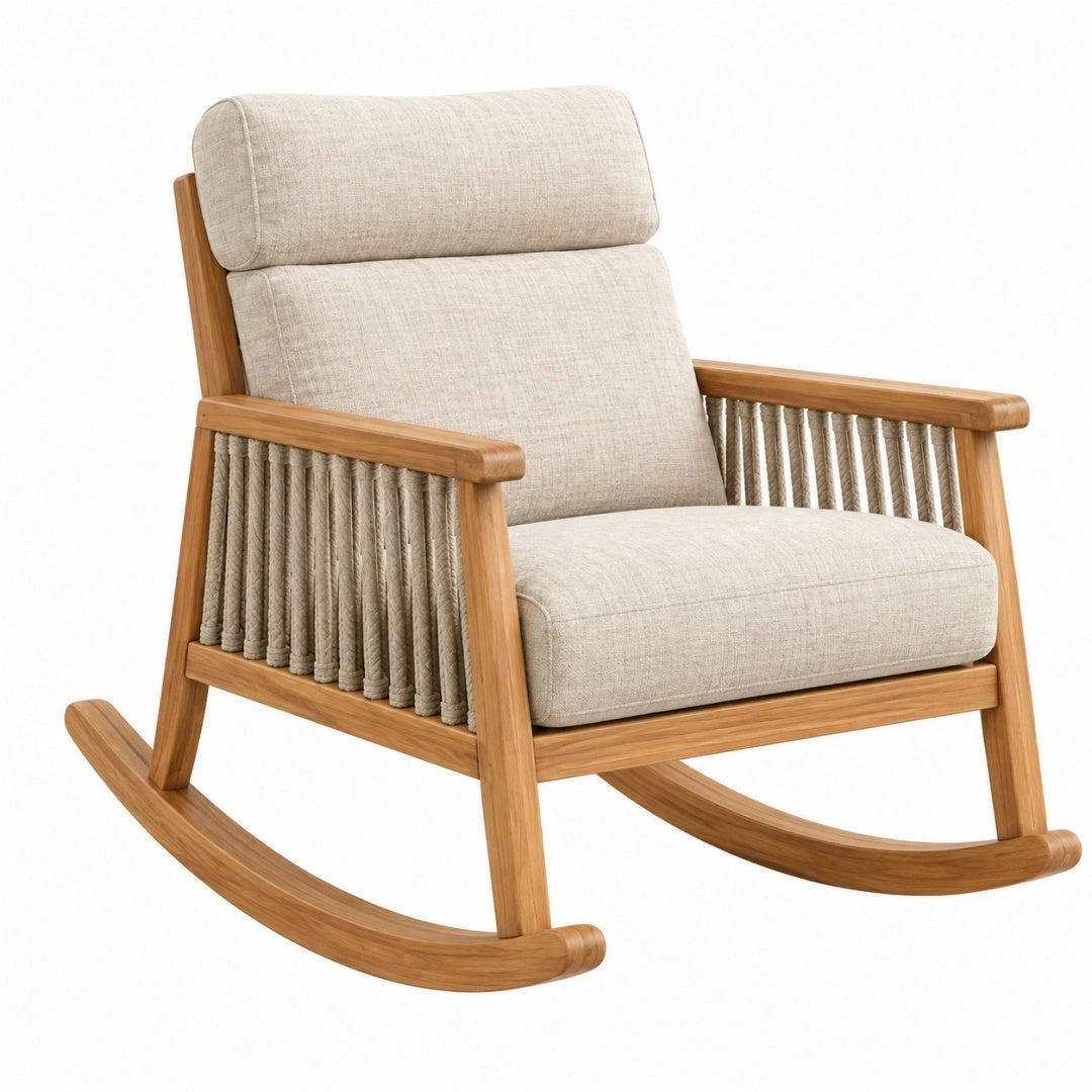 Schaukelstuhl 98 cm Holz Beige mit Textilpolsterung und Seilbespannung