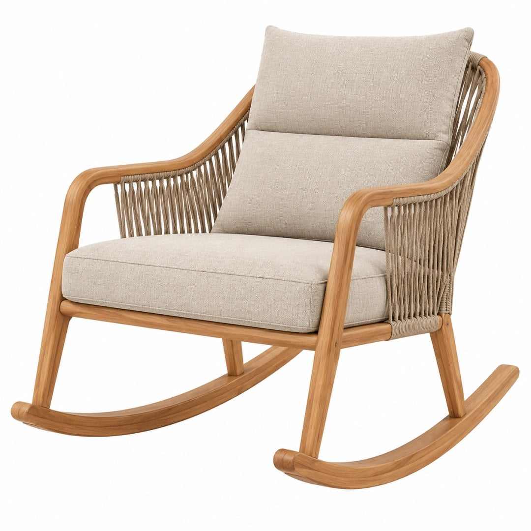Schaukelstuhl 95 x 70 x 100 cm aus Holz in Naturbeige mit Kordelgeflecht und Polsterung