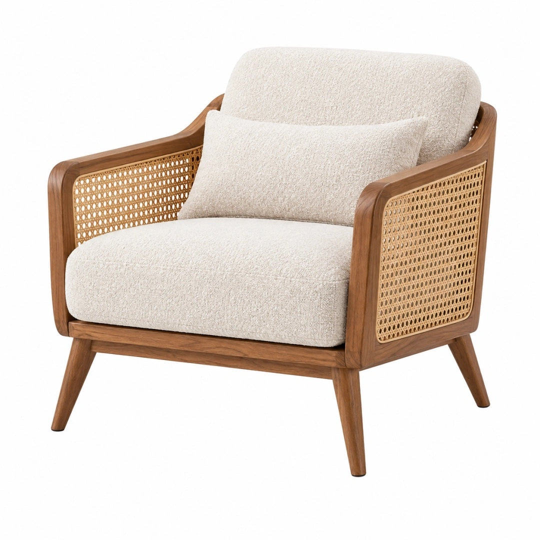 Sessel 80 x 78 x 84 cm Beige Braun Holz Rattangeflecht Stoffbezug Wohnzimmer Retro