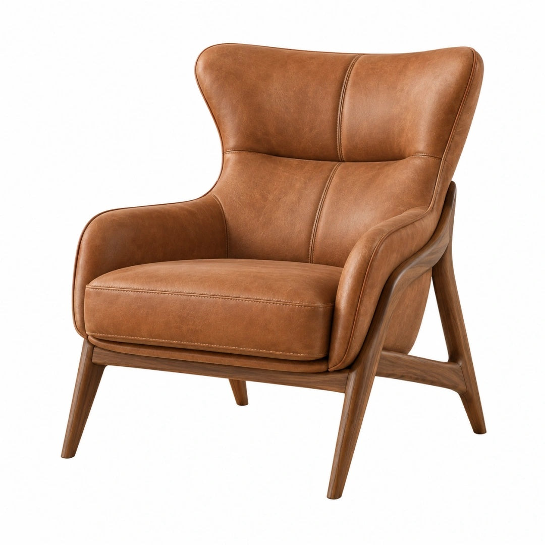 Sessel 78 x 85 x 102 cm Kunstleder Cognacbraun mit Holzgestell im Mid Century Stil