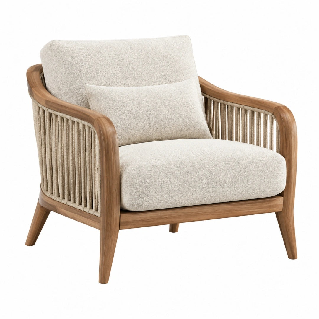 Sessel 78 x 75 x 82 cm Holz Beige Bouclé mit Seilgeflecht im Naturstil