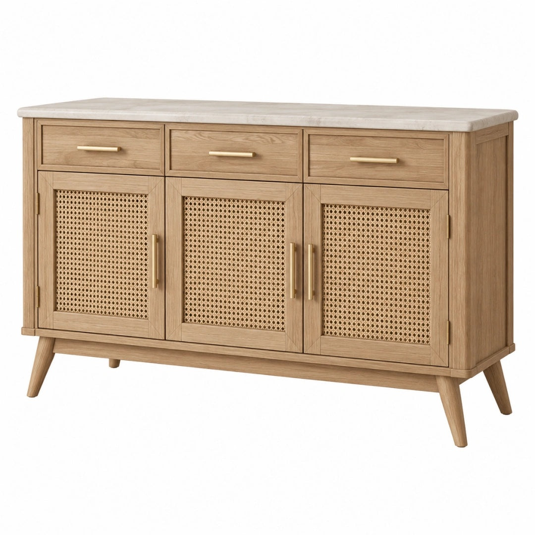 Sideboard 150 x 45 x 85 cm aus Holz in Natur mit Rattangeflecht im Mid-Century-Stil