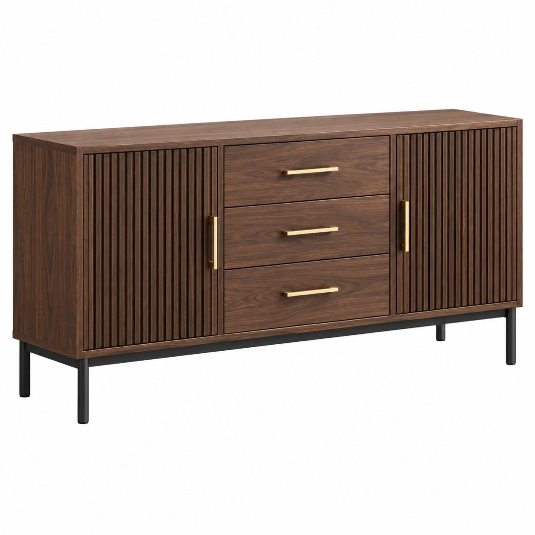 Sideboard 160 x 40 x 80 cm Holzwerkstoff Walnussbraun mit Lamellentüren und Metallbeinen