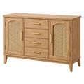 Sideboard 160 cm Eichenholzoptik mit Rattan Türen und 4 Schubladen im Mid Century Stil