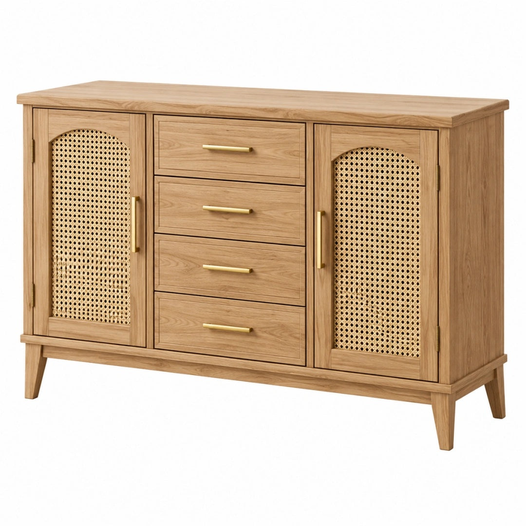 Sideboard 160 cm Eichenholzoptik mit Rattan Türen und 4 Schubladen im Mid Century Stil