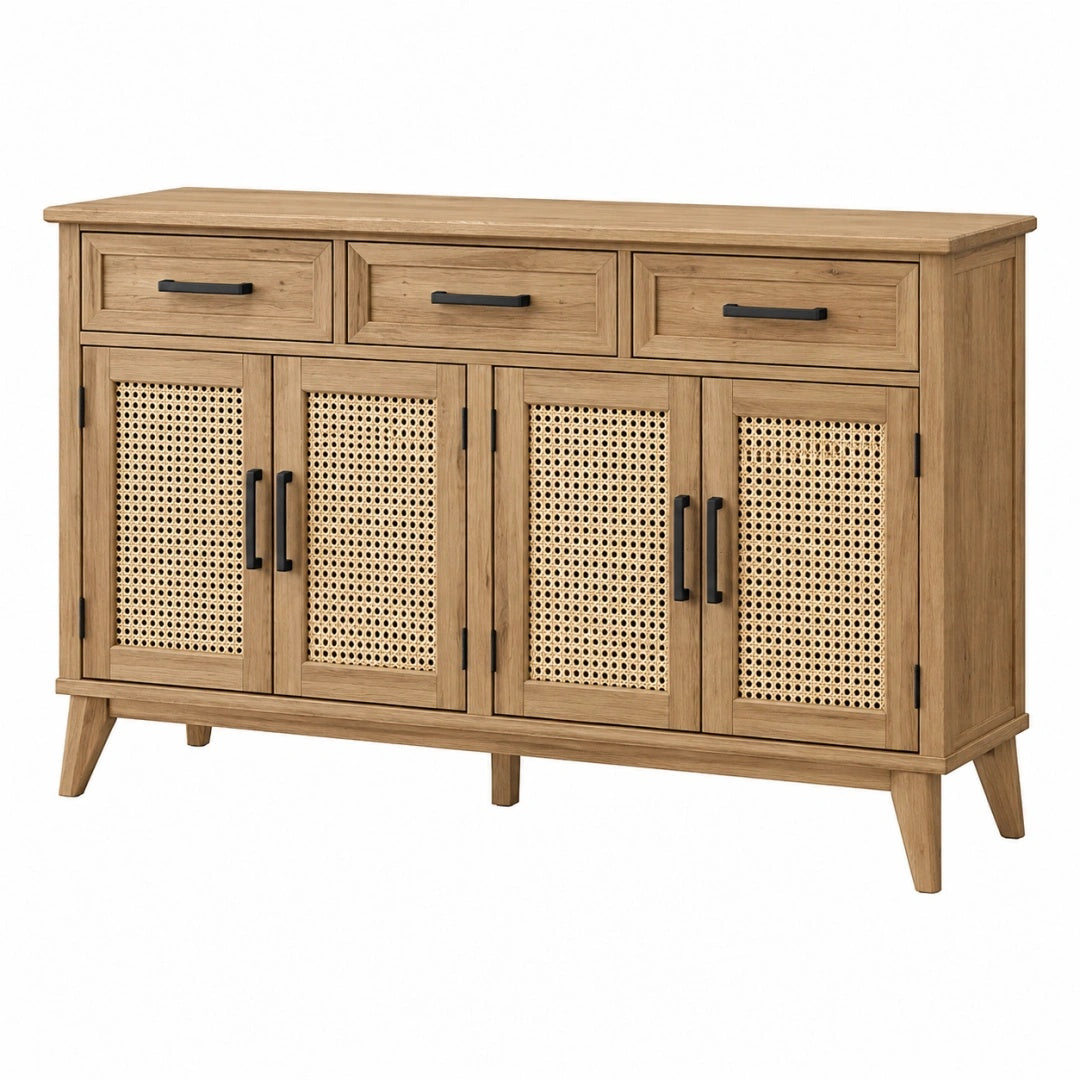 Sideboard 160 cm Holz und Rattan Natur für Wohnzimmer im Retro-Stil
