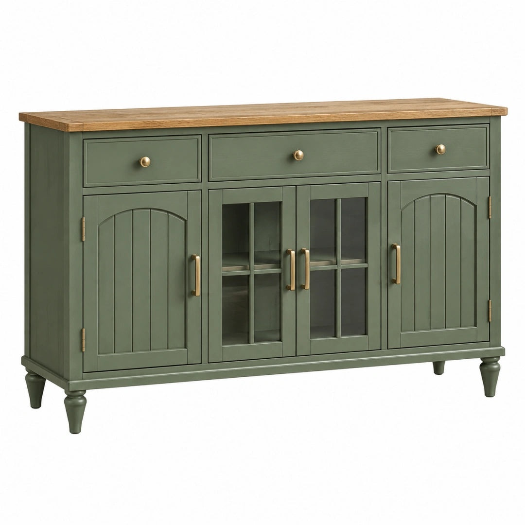 Sideboard 150 cm Holz Grün mit Glas Türen im Landhausstil
