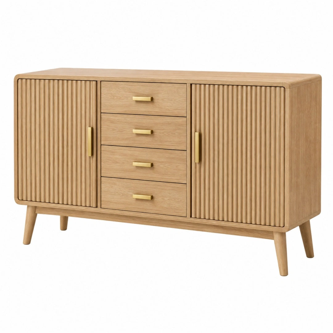 Sideboard 160 x 45 x 85 cm aus Holz in Natur mit Rillenfronten und Schubladen